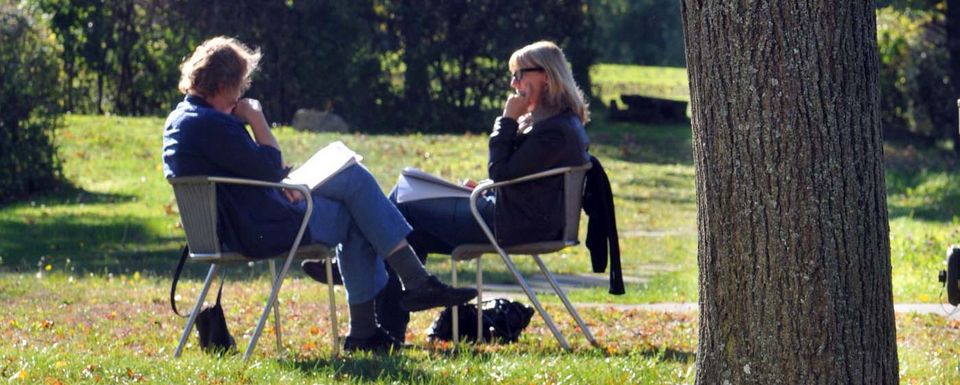 Das Bild zeigt zwei Menschen im Gespräch im Park der Akademie.